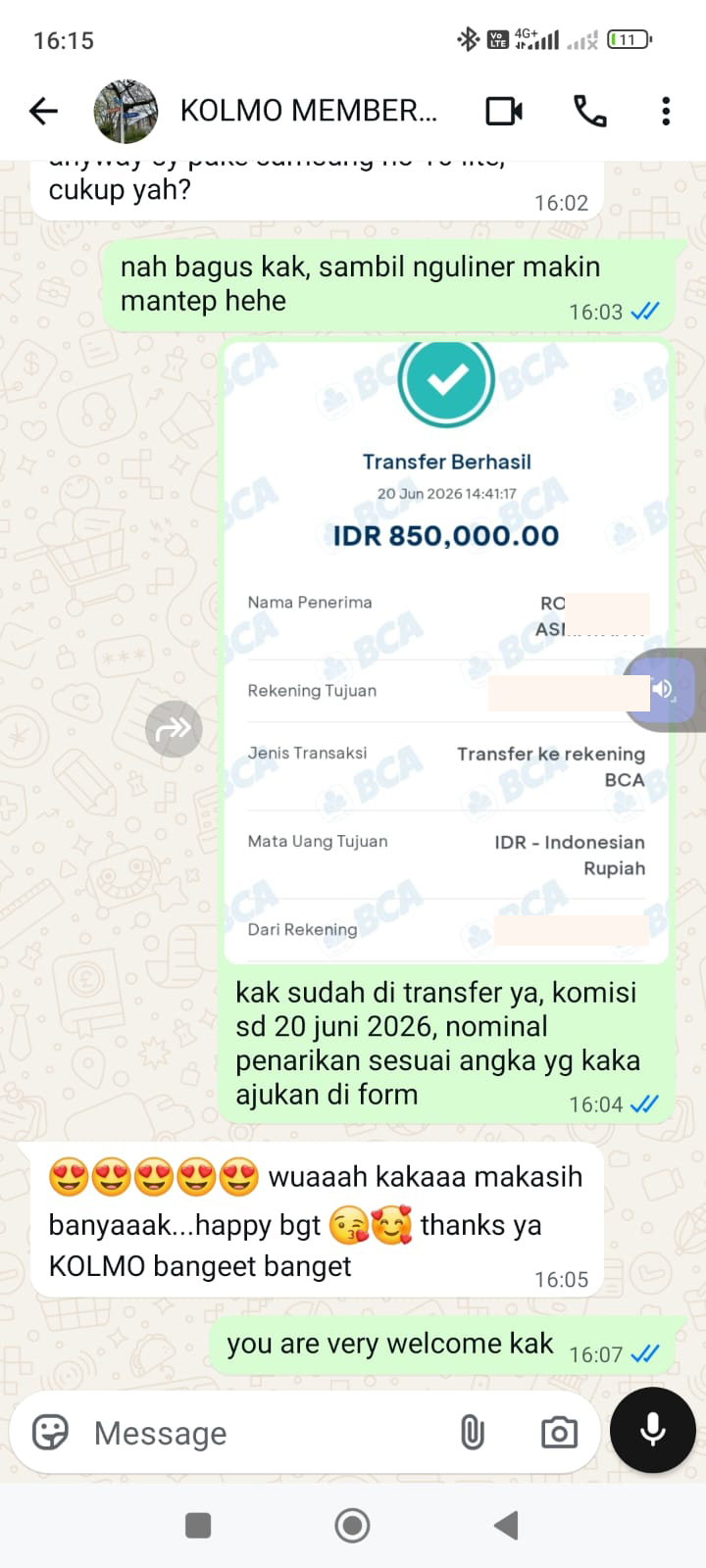 Bukti transfer komisi Rp 850.000 ke member KOLMO